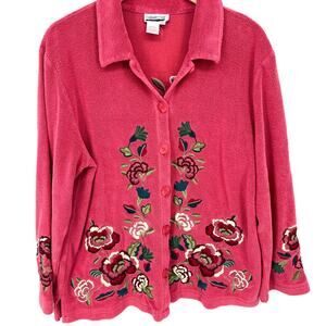 Coldwater Creek Plush Fleece Cardigan Embroidered Front and Back L